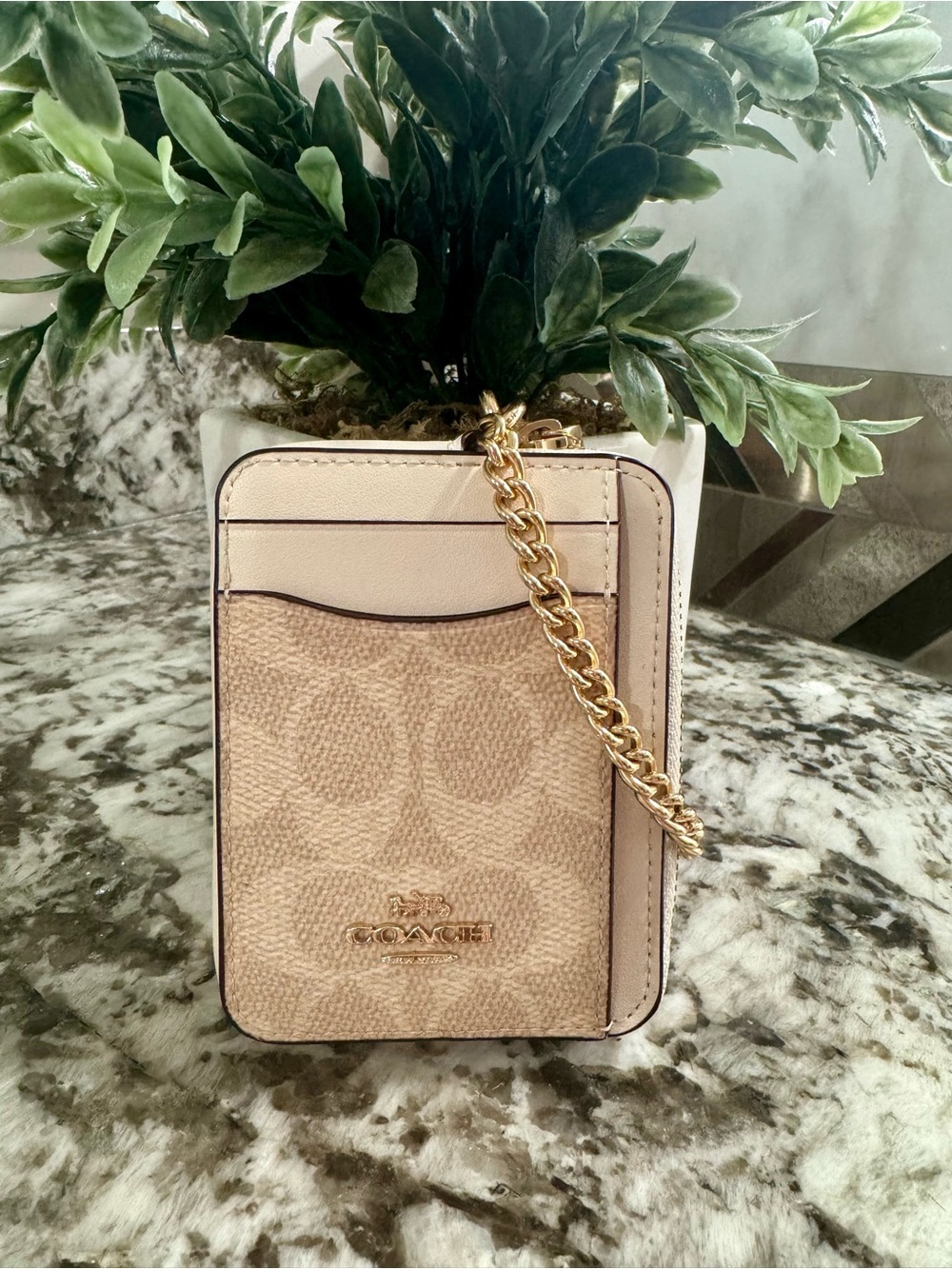 Coach Signature Zip Card Case in Tan and Chalk